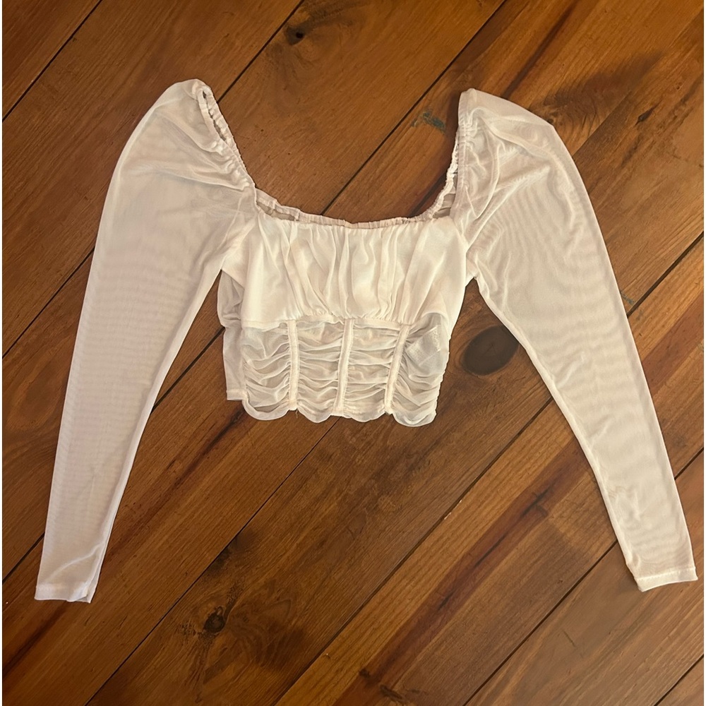 FOREVER 21 | Ruched Sheer Cropped Peasant Top S